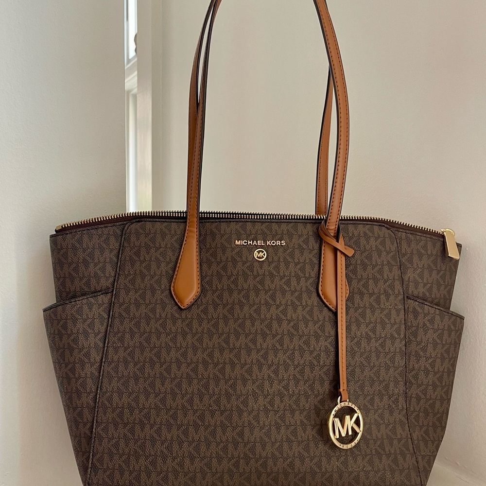 Michael Kors Medium Marilyn Brown Monogram Tote with Leather Trim